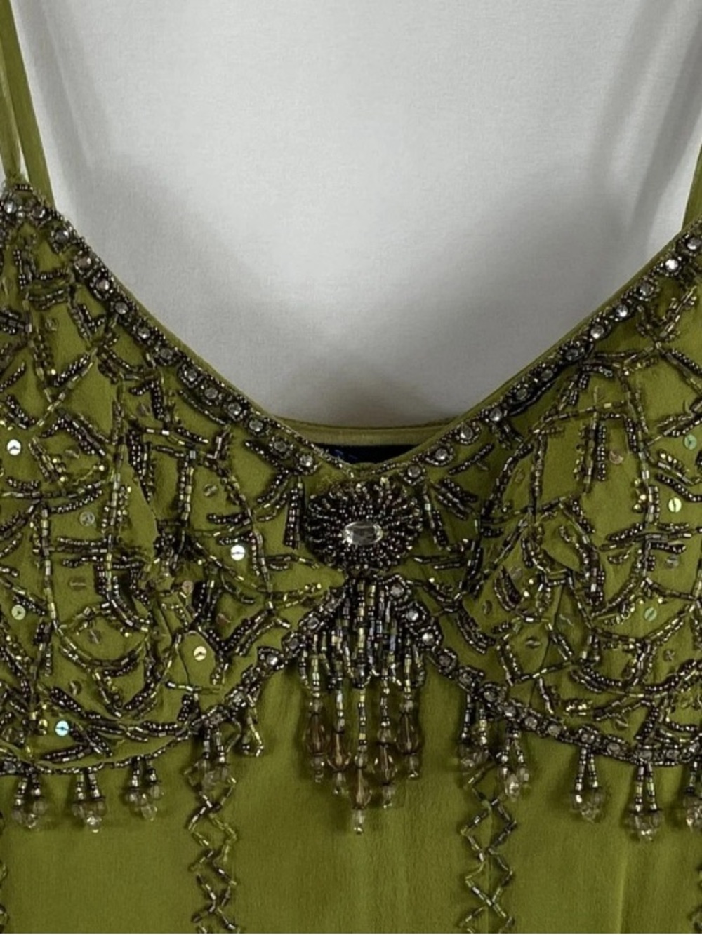 Sue Wong Olive Green Beaded Handkerchief-Hem Fairycore Slip Dress - Picture 5 of 8
